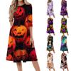 Women's Halloween Print Casual Fashion Round Neck Three Quarter Sleeve Mid Length Dress with Cat and Skull Pattern