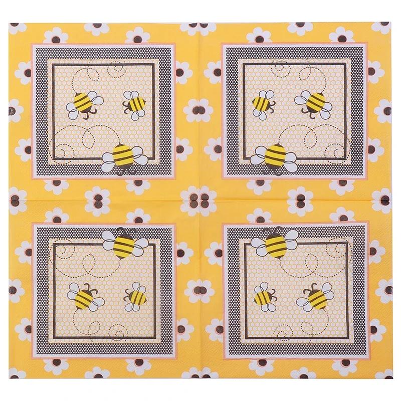 Bee Napkins, 20-pcs Yellow Black White Cartoon Bee & Flower Pattern Paper Napkins for Kids Birthday Party, Pure Wood Pulp, Naturalis