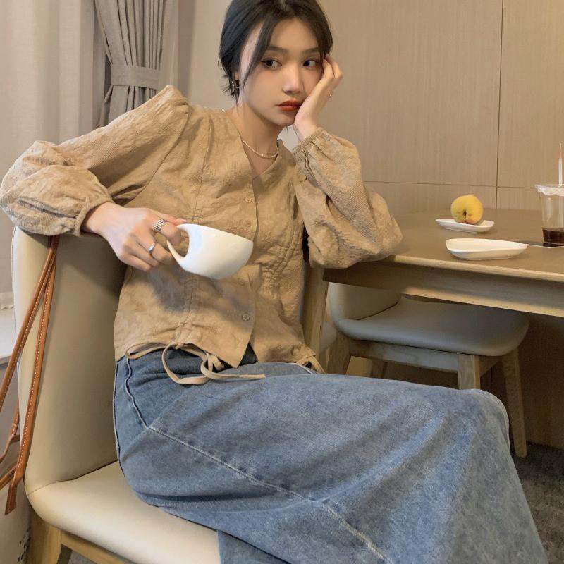 Fashion A-Line Women Blouse V-Neck Drawstring Waist Long Sleeve Shirt Lady Elegant Spring Tops