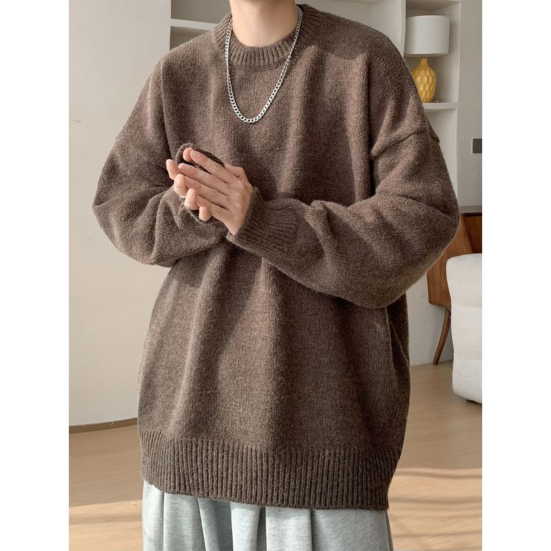 American-Style Lazy Round-Neck Sweater for Men, Winter Trendy Vintage Couple Knitwear, Retro Solid Color Pullover