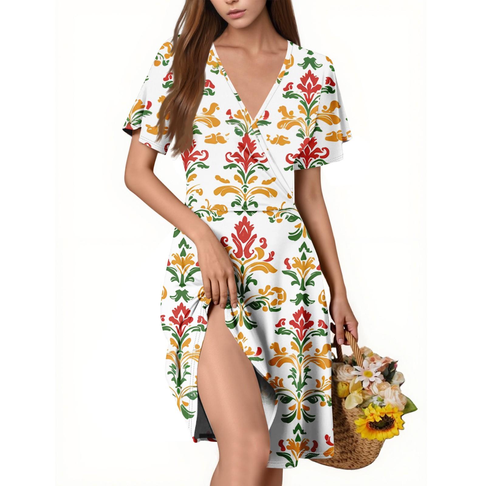 

Ladies Casual Fashion V-Neck Short Sleeve Printed Dress L