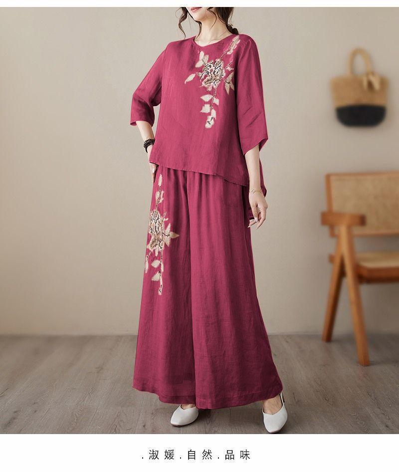 Retro Embroidered Summer Slim Fit Casual Chinese Style Short Sleeve Bottoms Set Women's Fashion Wear