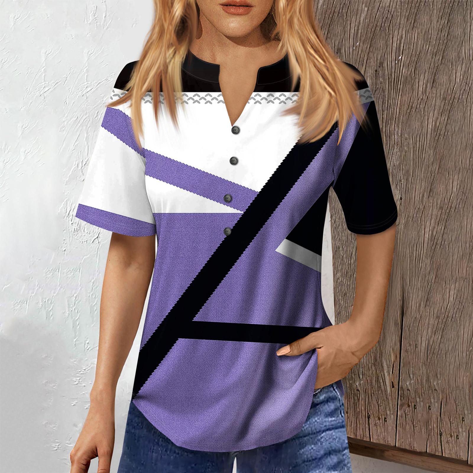 

Fashionable Women s Loose Summer V-Neck Button-Down Short Sleeve Casual Dressy Top S фиолетовый