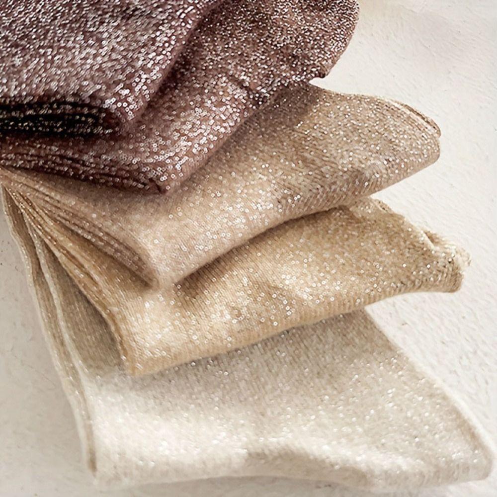 5 Pairs Solid Color Gold and Silver Stockings Cotton Warm Gold Silver Silk Socks Thickened Breathable Shiny Mid-calf Socks