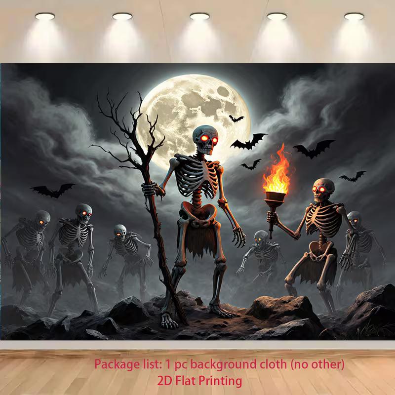 

2D Spooky Skeleton Backdrop Halloween Night Moon Bat Mist Horror Background for Photoshoot 47.2x31.5inch/120*80cm