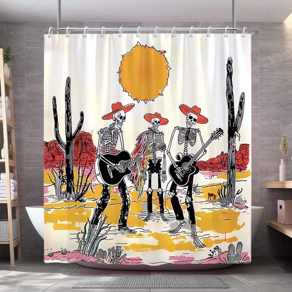 Vintage Western Schädel Gitarre Duschvorhang Lustiger Skelett Cowboy Howdy Gotisch Wilde Natur Wüste Duschvorhang Badezimmer Dekor