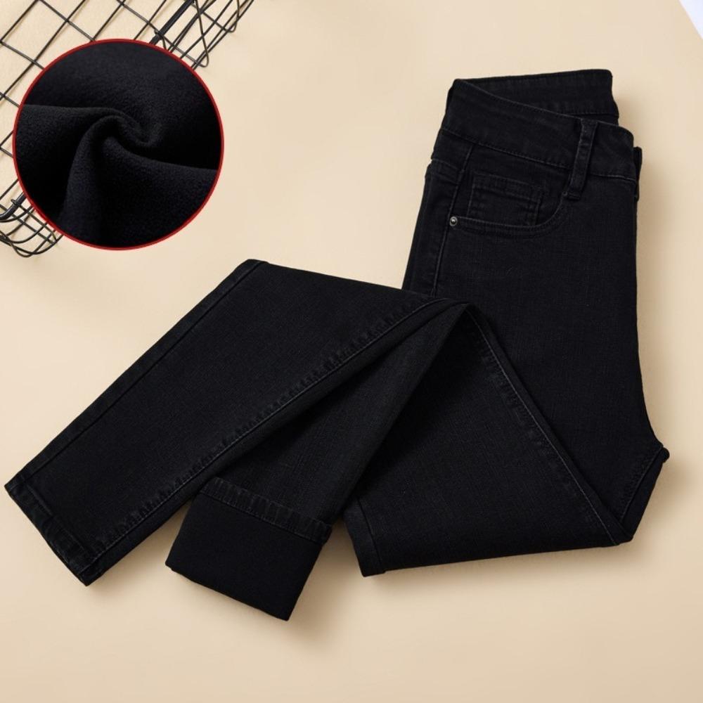 Women's High Waist Skinny Jeans Slim Fit Fleece Lined Pencil Pants Solid Color Stretch Thermal Denim Trousers For Winter Daily Commute