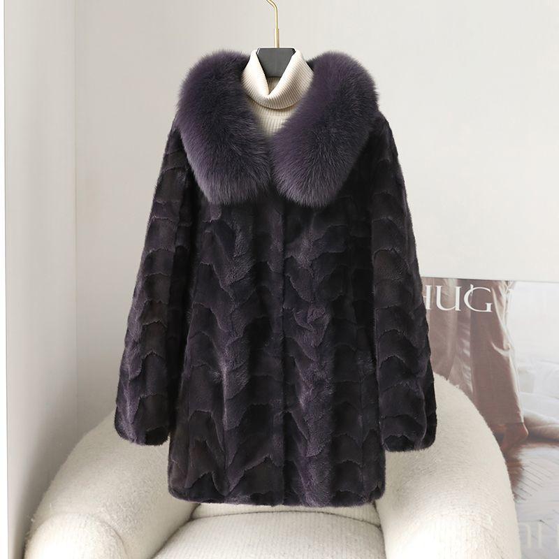 Winter Women's Mink Coat Fluffy Luxury Mid-Length Fur Coat with Fox Fur Collar