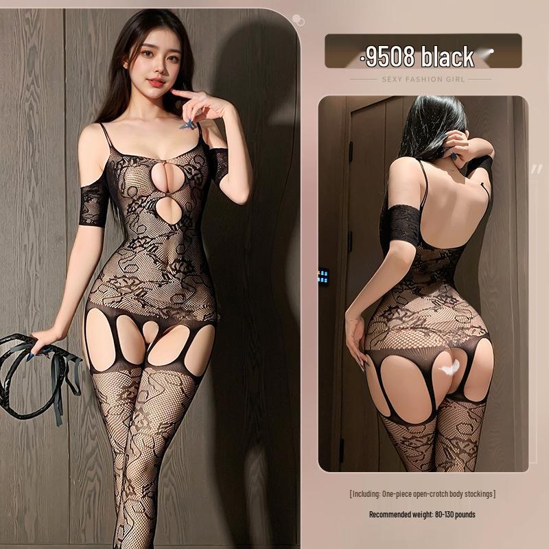 Ji Yuqing Temptation Bodysuit: Sexy Lingerie with Stockings, Open Crotch, Cutout Design - Non-Removable Bodystocking.