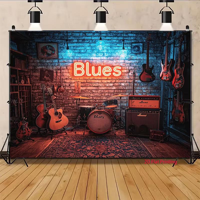 2D Retro Rock Band Instrument Bar Pub Blue Red Lighting Photography Background Cloth