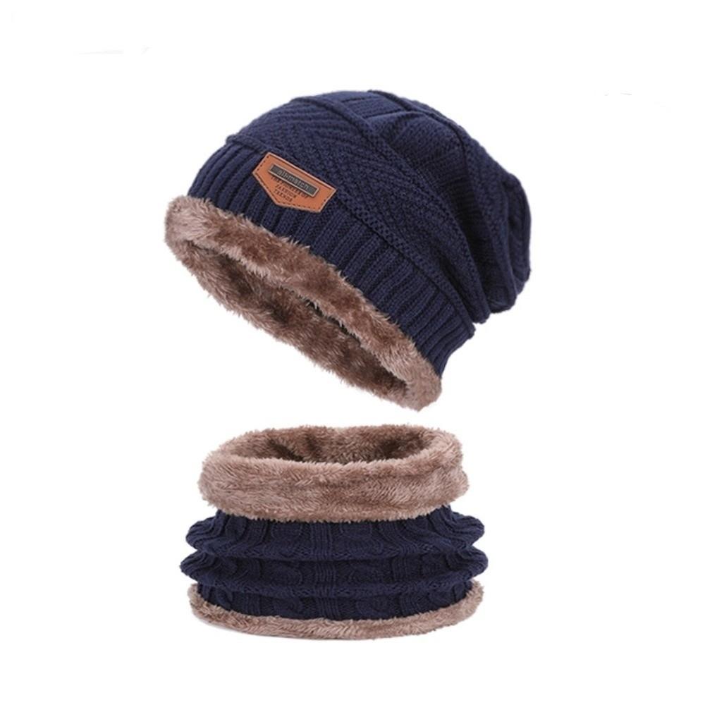 

Комплект вязаной шапки и шарфа в корейском стиле, утолщенный, теплый, зимний, шапка, шарф, грелка для шеи, комбо, для лыжного сезона темно-синий