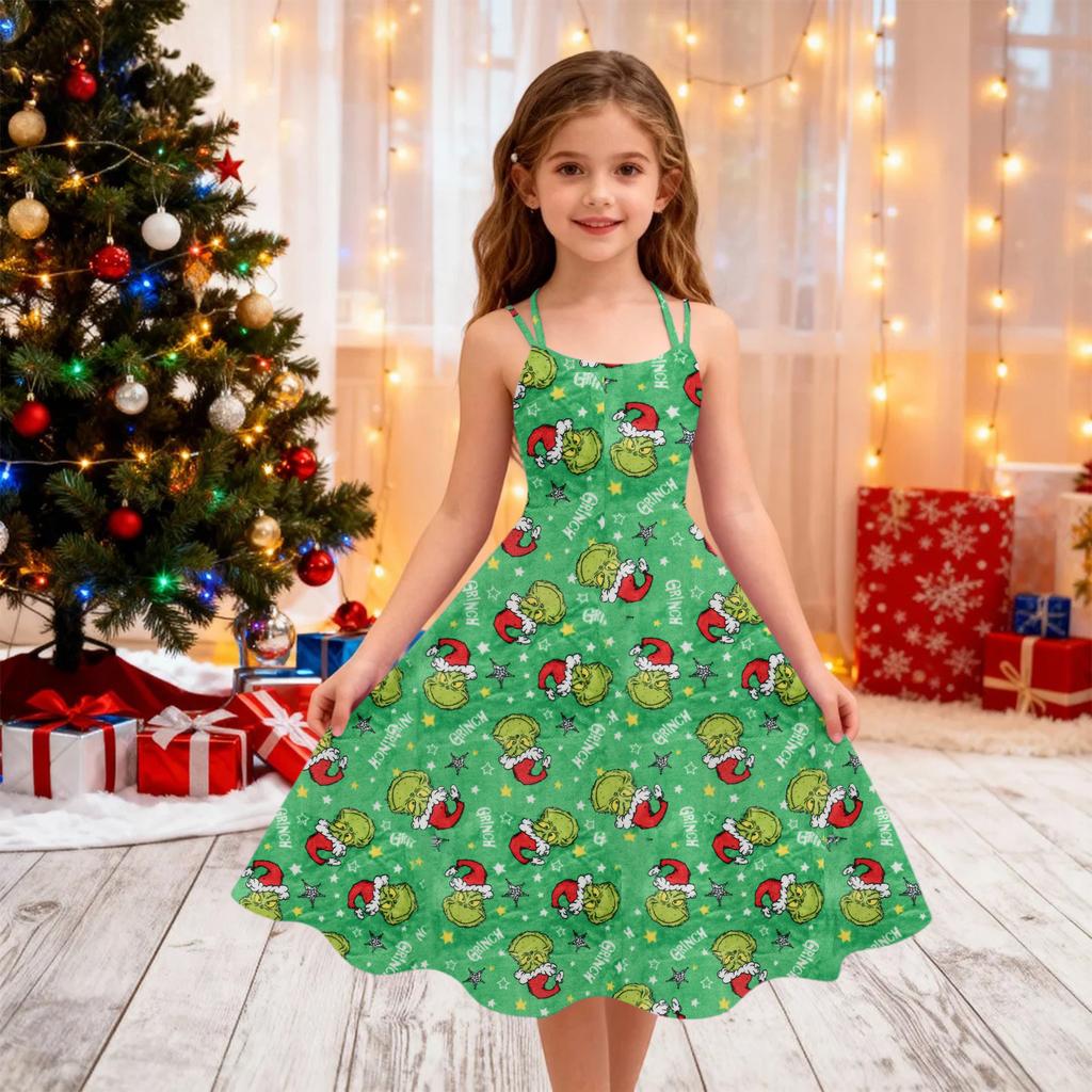 Children's Fashion Casual Christmas Print Off-Shoulder Punk Vintage Dress