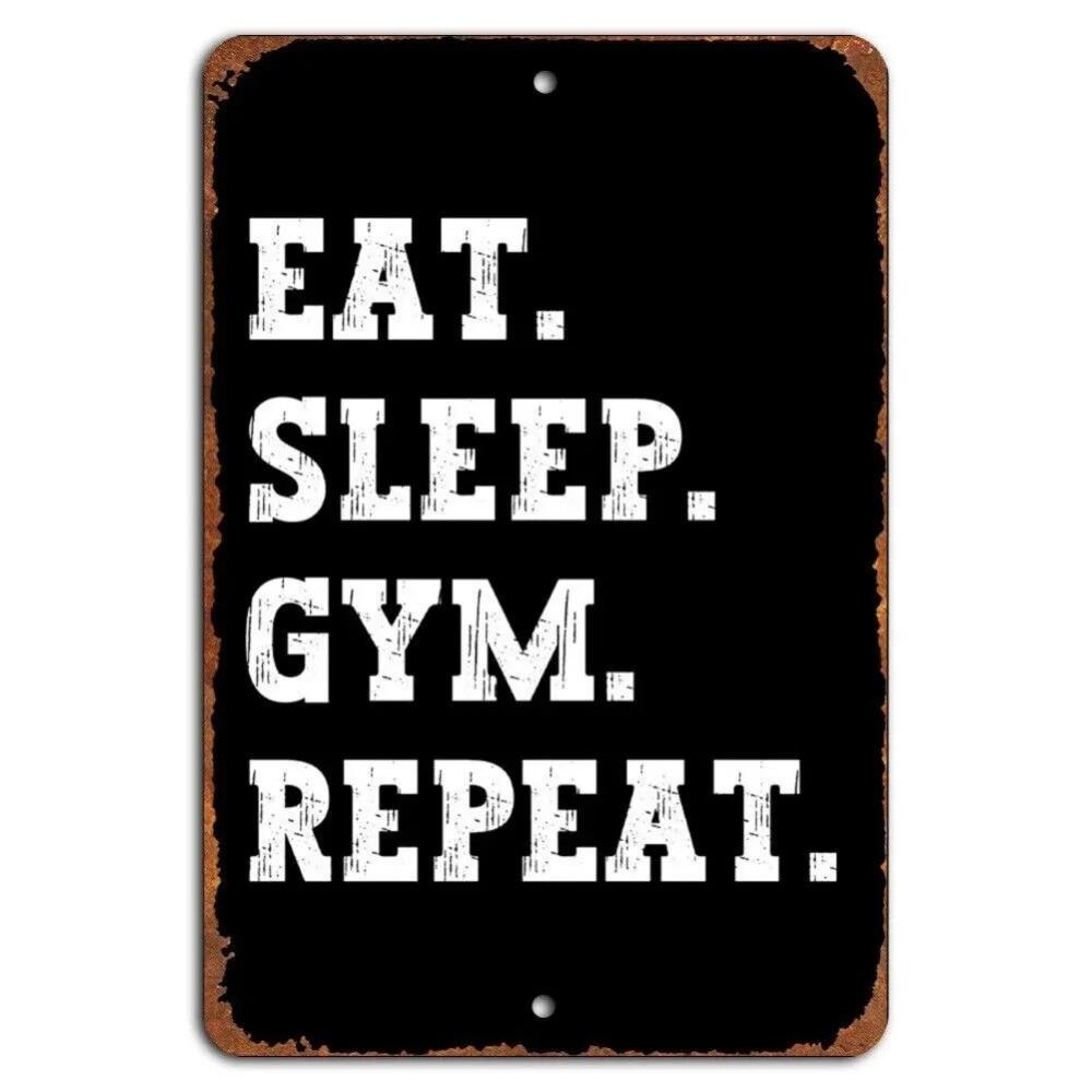 Fit Routine Pro Eat Sleep Gym Repeat Vintage Sports Sign - Motivational Decor for Home Gyms & Fitness Studios