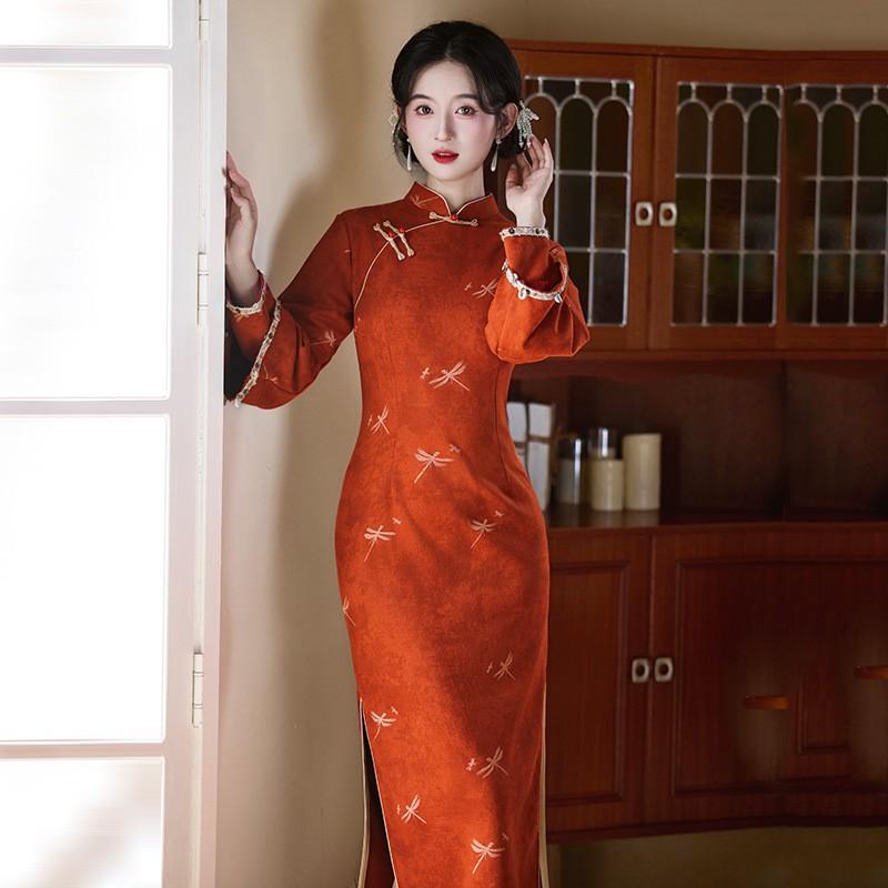 Womens Vintage-Inspired Mandarin Collar Long Sleeve Cheongsam Dress Fitted Waist Suede-Like Fabric Retro Chic Small