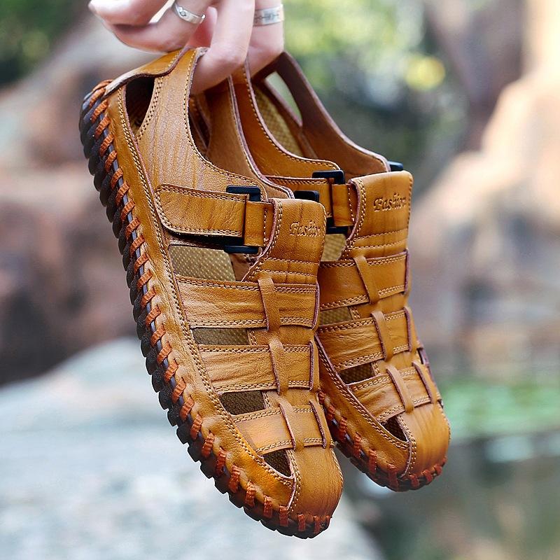 

2025 men s sandals summer handmade beach shoes large size sewing thread foot cover hollow bag head hole shoes 47
