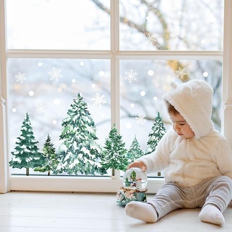 KALEFO 60Pcs Snowy Winter Decor Snow Tree Window Clings Decals Forest Trees White Christmas Decorations Kids Room Window Stickers Xmas Tree Snowflake Winter
