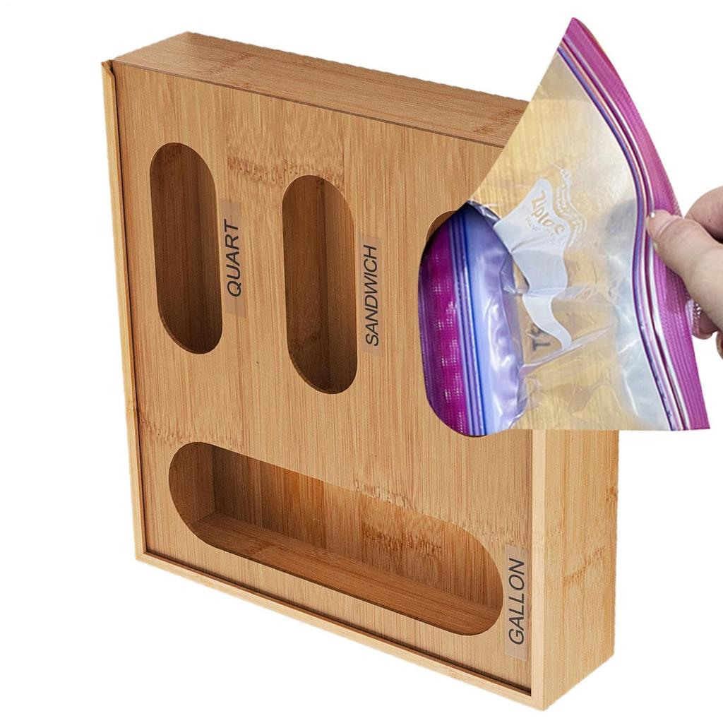 Bamboo Wood Drawer Baggie Organizer With 4 Compartments Fresh-keeping Kitchen Container Storage Bag Organizer Kitchen Drawer