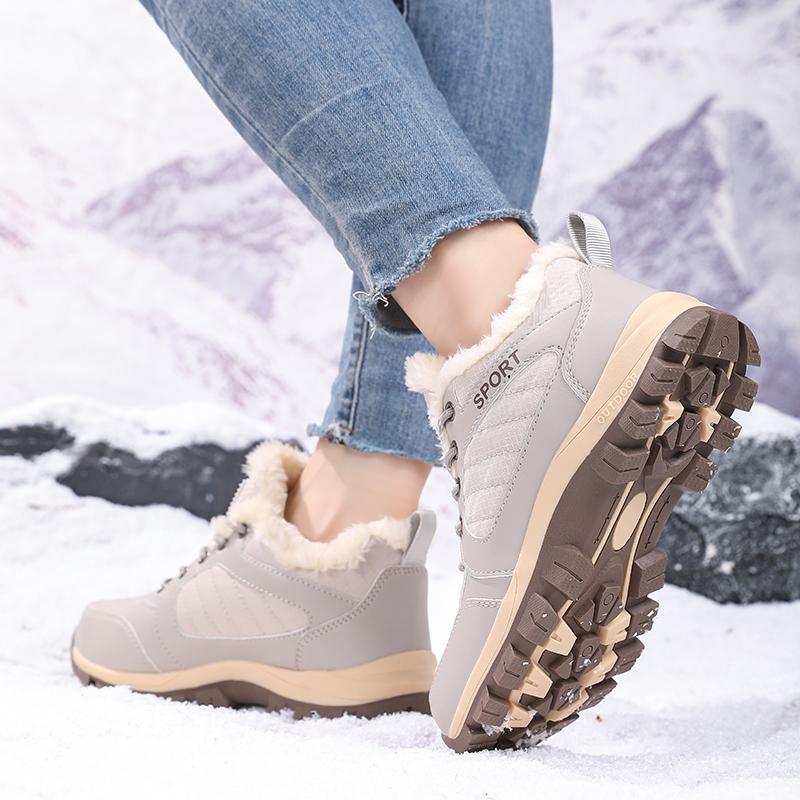 TUINANLE Couple Outdoor Hiking Shoes Warm Plush Flat Lace Breathable Soft Sole Low-top Boots Unisex Camping