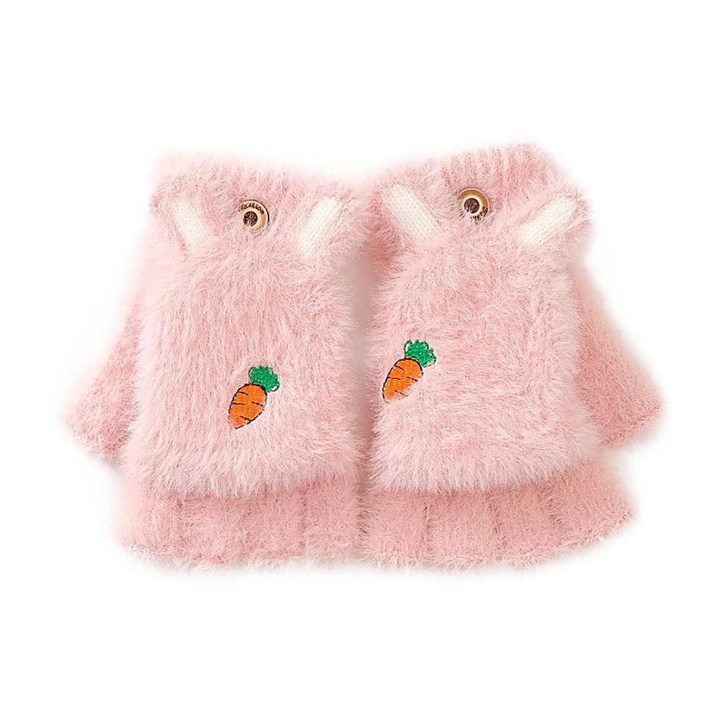 Cute Kids Gloves Winter Warm Faux Fur Knit Boy Girl Children Glove Cartoon Half Finger Flip Cover Outdoor Mittens 3-7Y