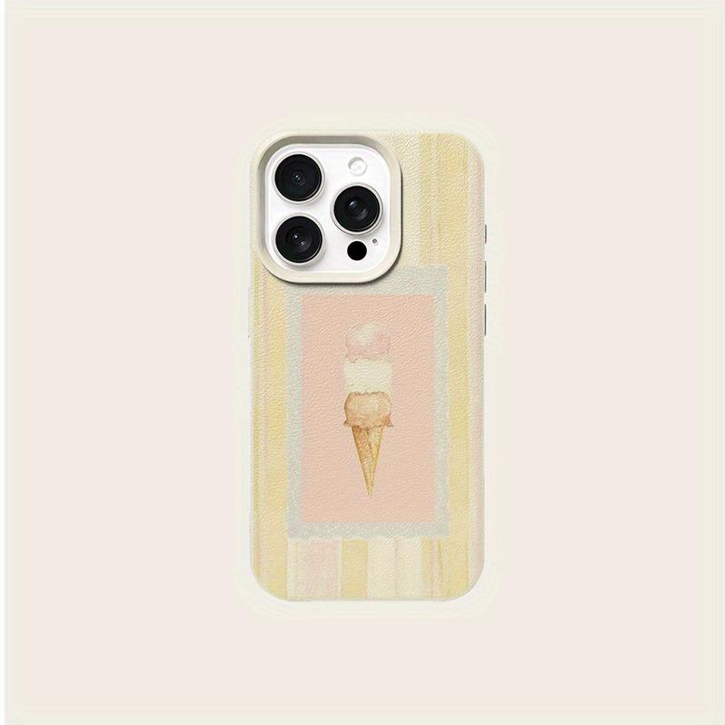 A Cute Striped Ice Cream Patterned Lychee-Textured Phone Case, Suitable for iPhone 17, 16, 15, Plus, Pro, Max Series Phones — Can Be Used As a Gift