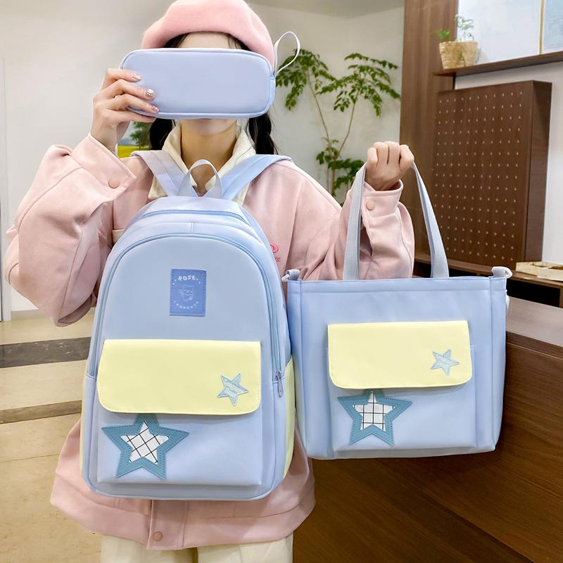 Three-Piece Backpack Set Color Contrast Schoolbag Girls Large Capacity Backpack for Primary and Secondary School Students