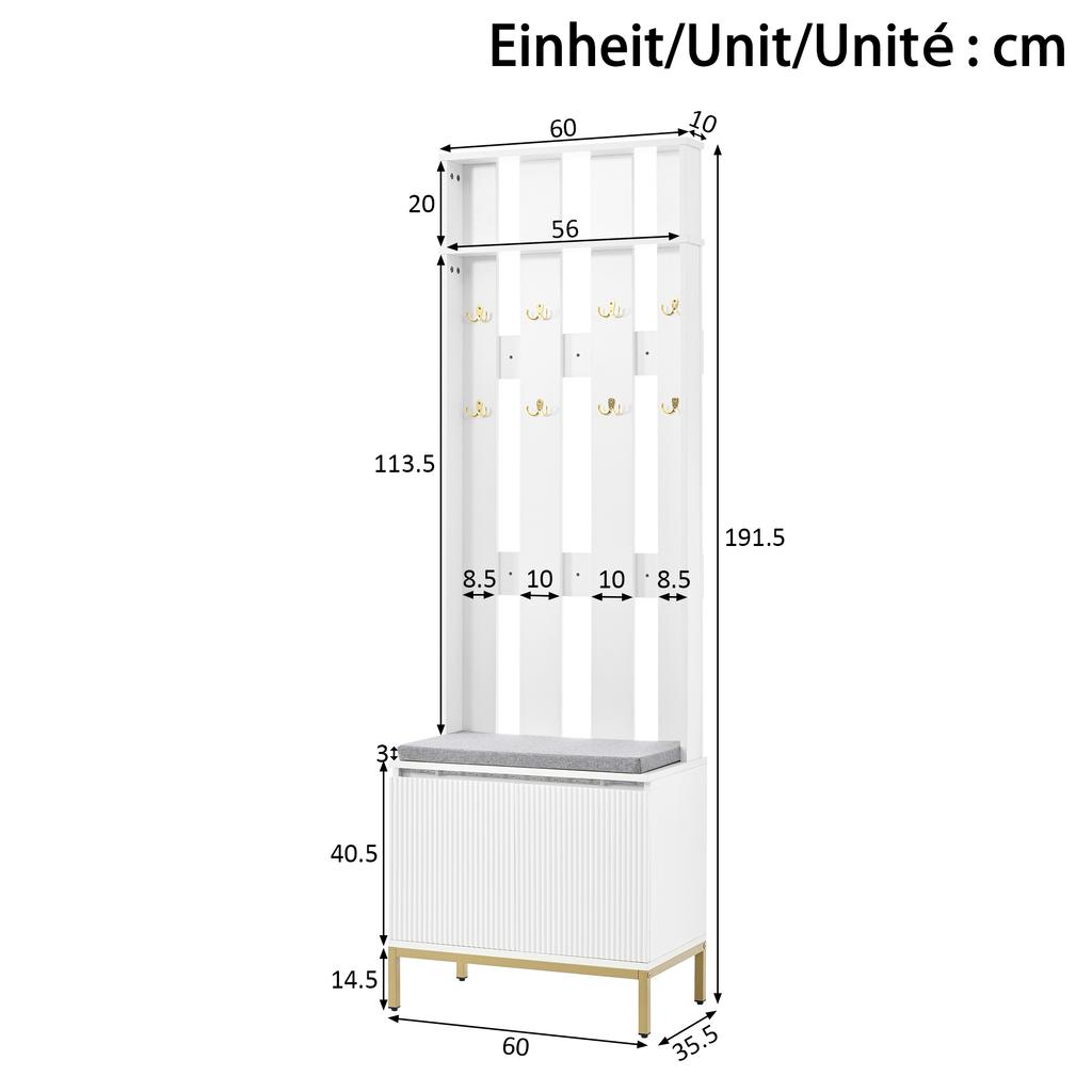 Coat Bench, White, Perforated Back Panel, 8 Golden Double Hooks, Padded Seat Bench, Wave-Front Shoe Cabinet, Height-Adjustable Shelf, LED Light Strip