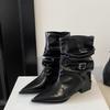 Fashion Pointed Toe Belt Buckle Block Heel Trouser Heel Boots Women's Spring and Autumn Fashion Pleated Skinny Mid-Tube Pile Boots