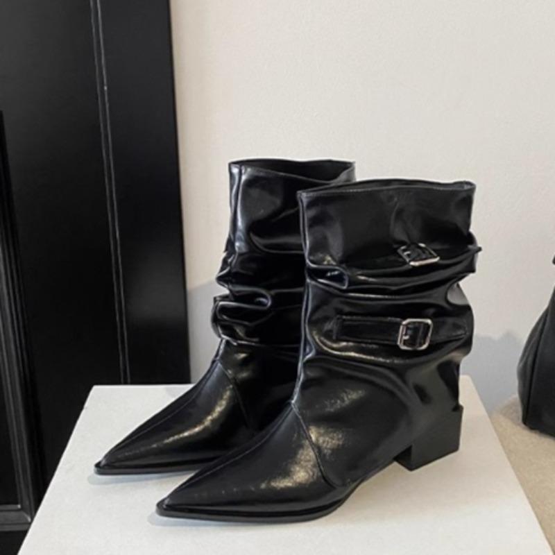 Fashion Pointed Toe Belt Buckle Block Heel Trouser Heel Boots Women's Spring and Autumn Fashion Pleated Skinny Mid-Tube Pile Boots