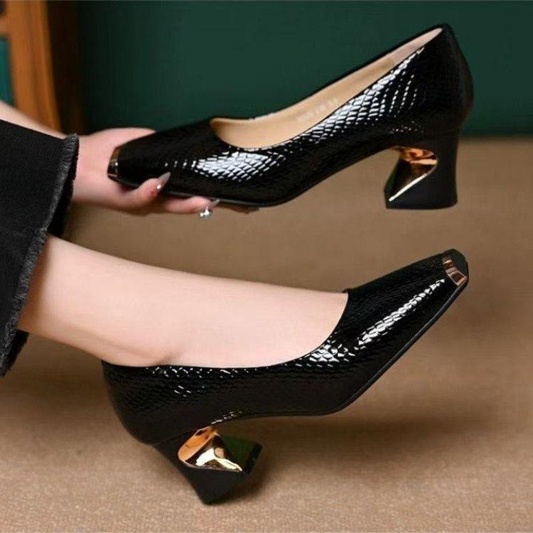 Autumn New Square Head Thick Heel Light Mouth Single Shoes Metal Heel Light Mouth Professional Shoes Light Mouth High Heels