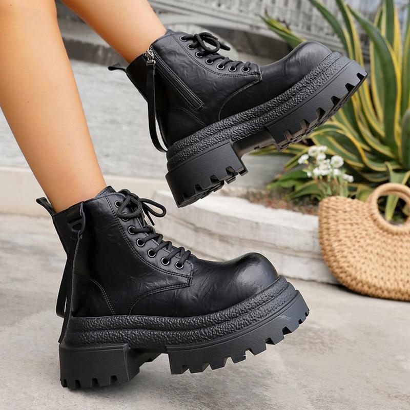 Fashion British Style Pu Leather Boots Women High Heel Chunky Platform Ankle Boots Woman Fashion Lace Up Zipper Up Booties Ladies