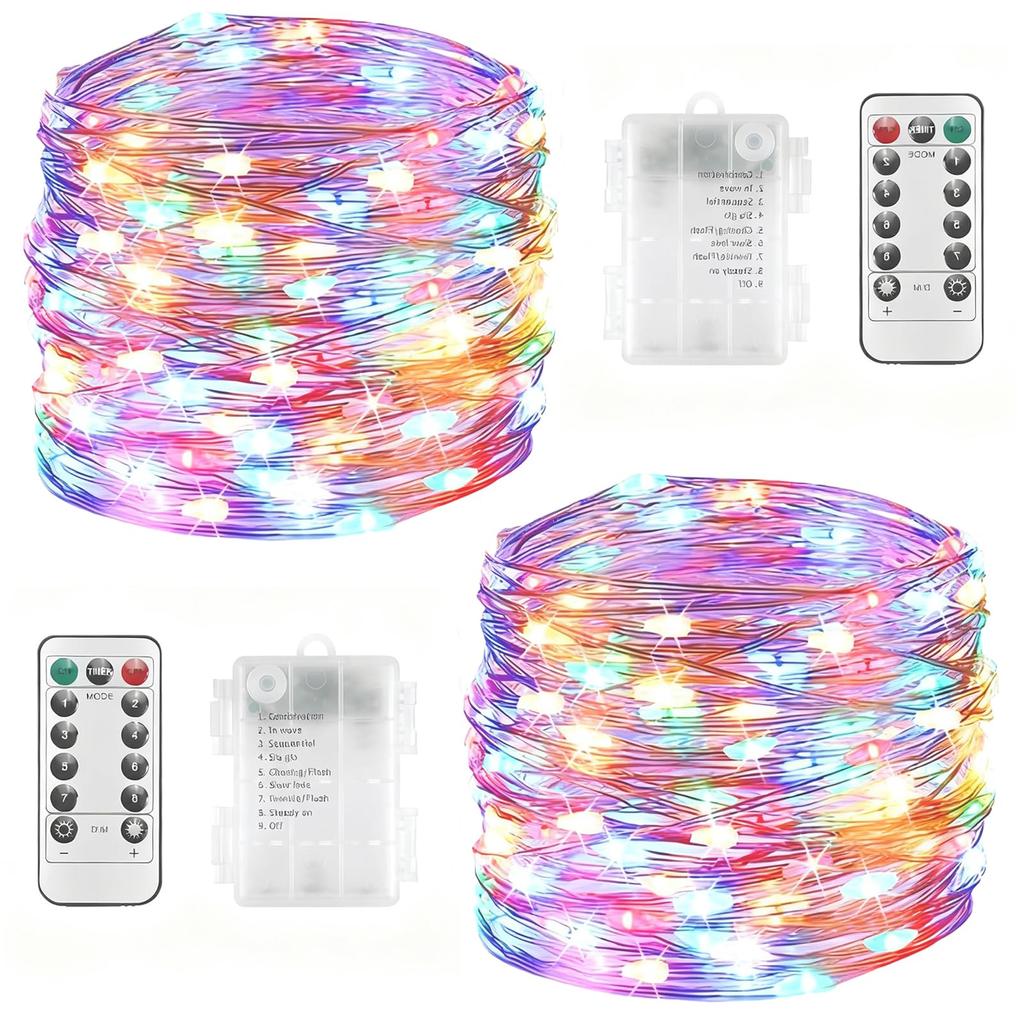 [Set of 2] 100 LED Illumination Lights, 10m Length, Remote Control Included, 8 Brightness Patterns, Timer Function, Dimmable LED Jewelry Lights for