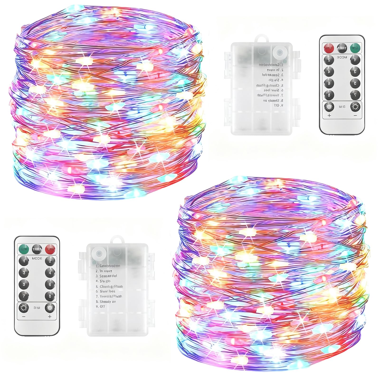 

[Set of 2] 100 LED Illumination Lights, 10m Length, Remote Control Included, 8 Brightness Patterns, Timer Function, Dimmable LED Jewelry Lights for