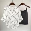 WTEMPO 2-Piece Women Letter Print Sheer Sun Protection Shirt Camisole Set Lapel Half Sleeve Loose Thin Summer Casual See Through Outerwear Blouse