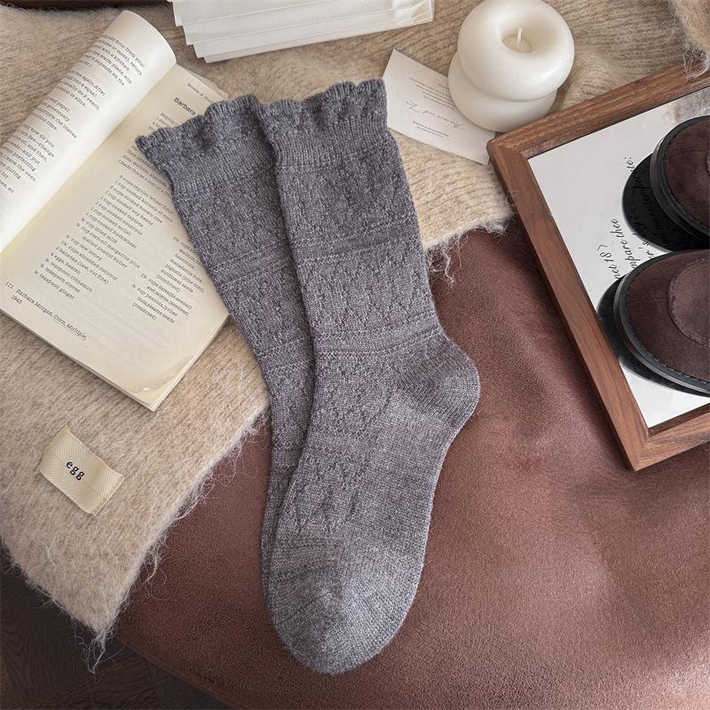 White Lace Stockings - Children's Mid-length Stockings, Pile Stockings, Winter Thick and Warm Wool Stockings, Long Stockings