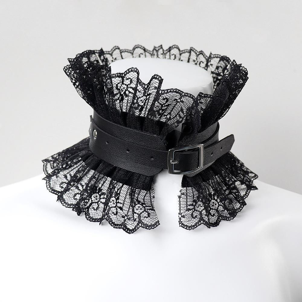 Black Pu Leather Edwardian Neck Chocker Sexy Black Lace Leather Lolita Choker Halloween Costume Gothic Dark Princess Collar