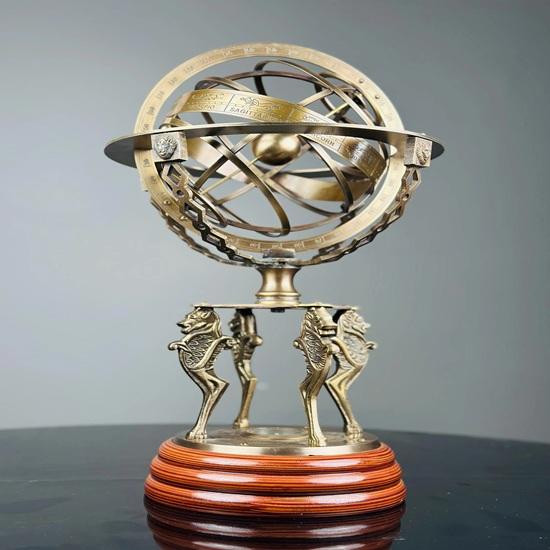 45.72 Cm Brass Armillary Sphere Globe Astrolabe Zodiac Engraved Wooden Base with Working Direction Compass Nautical Best Gift Decorative Item
