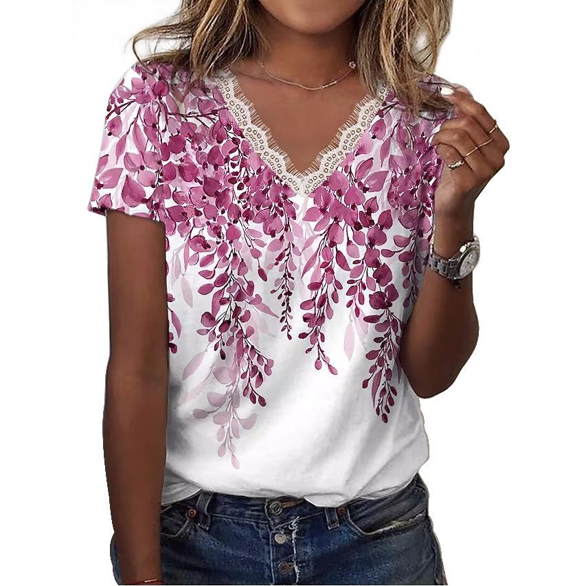 Women's Lace Floral Printed T Shirt V-Neck Short Sleeve Casual Shirts Loose Fashion Blouses Plus Size