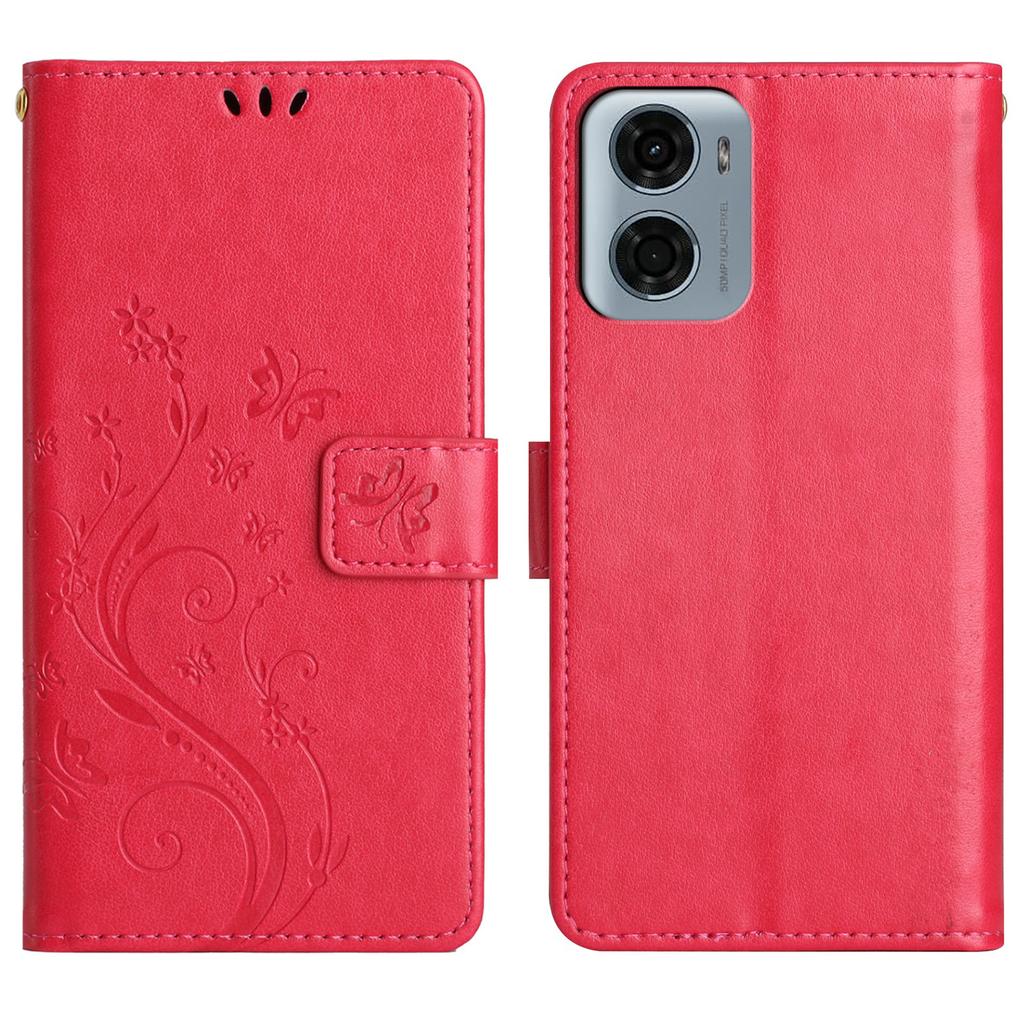 Skórzane etui portfelowe dla Motorola Moto G05 4G z nadrukiem motyla i kwiatów, pokrowiec na telefon ze smyczą