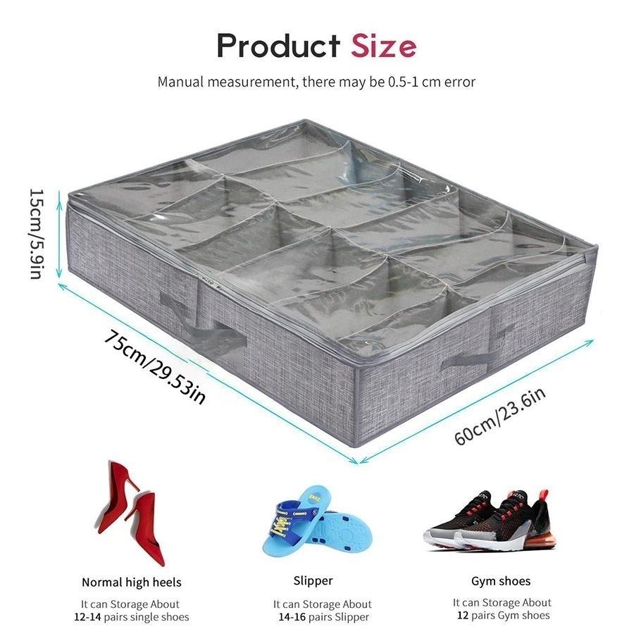 Under Bed Shoe Organizer, Holds 12 Pairs of Shoes, Shoe Packing Organizer with Transparent Window, Breathable, Foldable