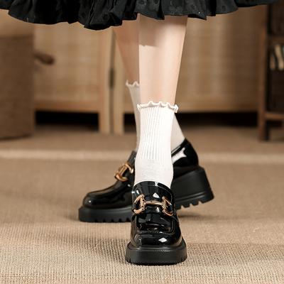 Whole Cowhide~ Muffin Platform Loafers for Women's British Style Ins Super Fire Horse Title Buckle Square Head Thick Heel Leather Single Shoes for Wo