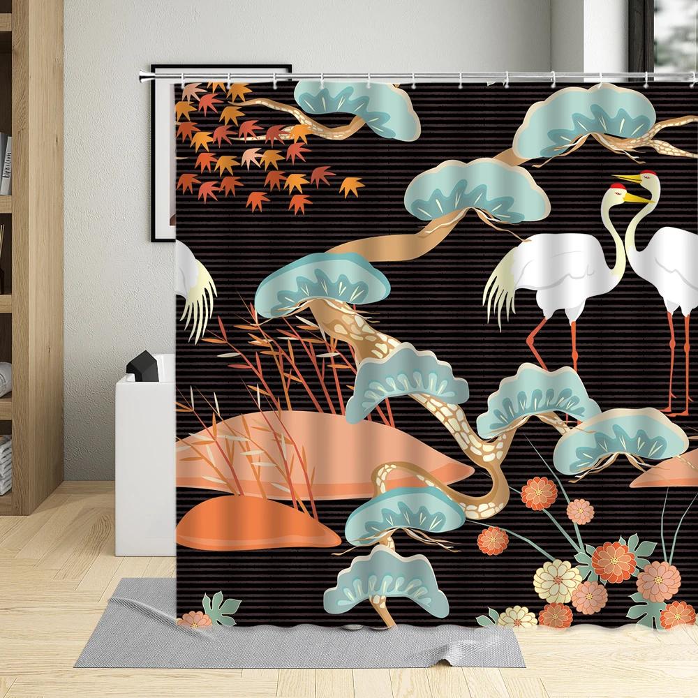 Chinese Style Shower Curtain Ink Painting Mountain Bird Flower Plant Bamboo Scenery Bathroom Hanging Curtain Set Polyester Cloth