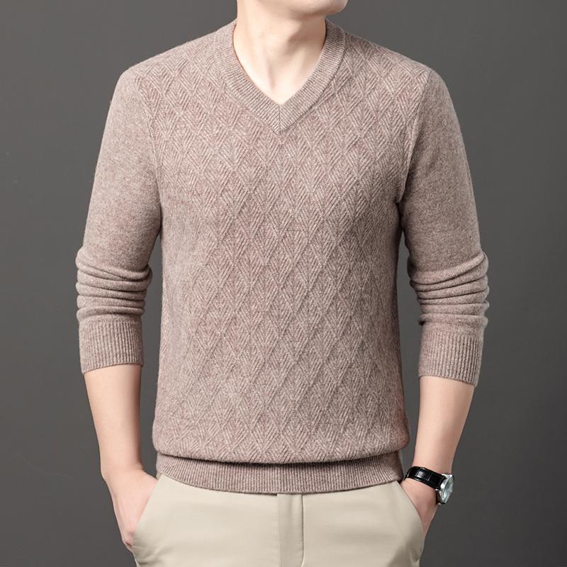 Autumn Winter 100% Sheep Wool Men's Sweater V-Neck Jacquard Smart Casual High Quality Knit Pullovers