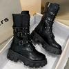Punk Damenstiefel Reißverschluss Motorradstiefel Wadenstiefel 2025 Herbst Winter Damen Bikerstiefel Plateauabsatz Damenschuhe New Botas