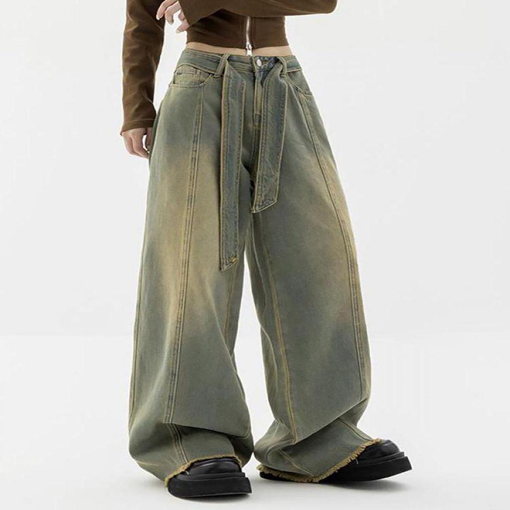 Calças de brim femininas coreia solta carga jeans retro calças de perna reta calças de perna larga calças jeans calças soltas