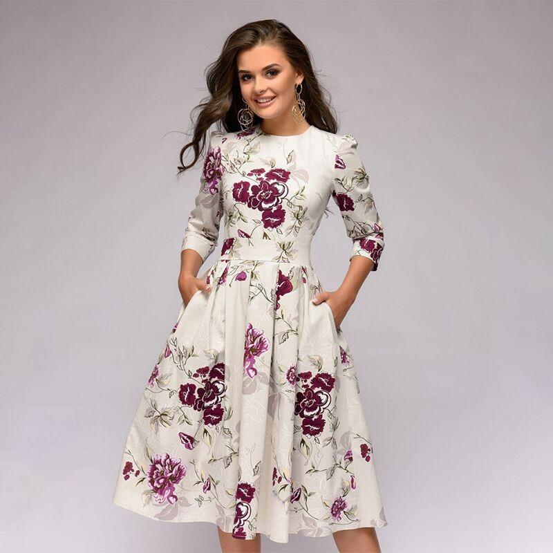 Vestido de fiesta vintage floral de corte A para mujer, con mangas de siete puntos y cuello redondo.