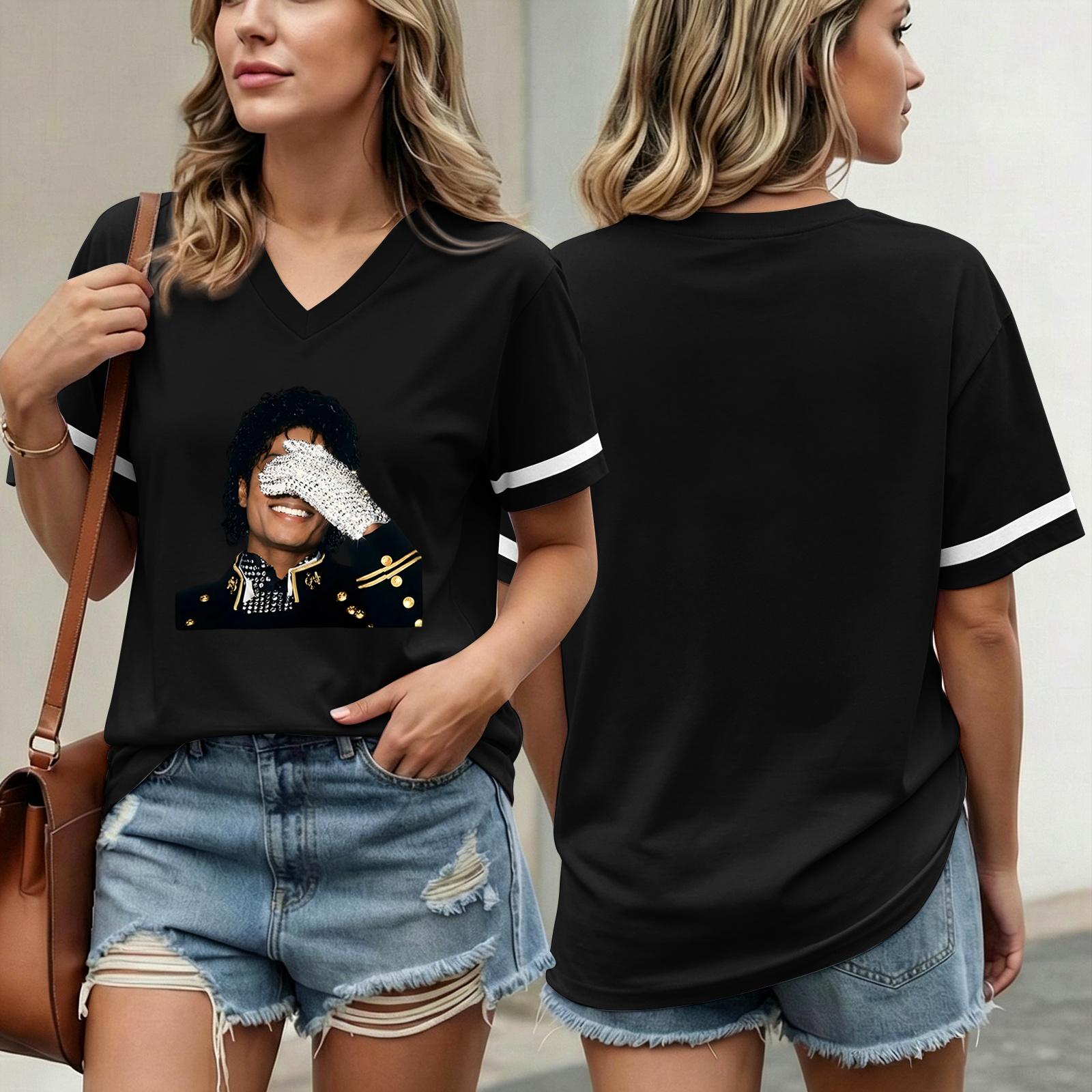 Women s Fashionable Casual Short Sleeved Printed T-Shirt V-neck Top L