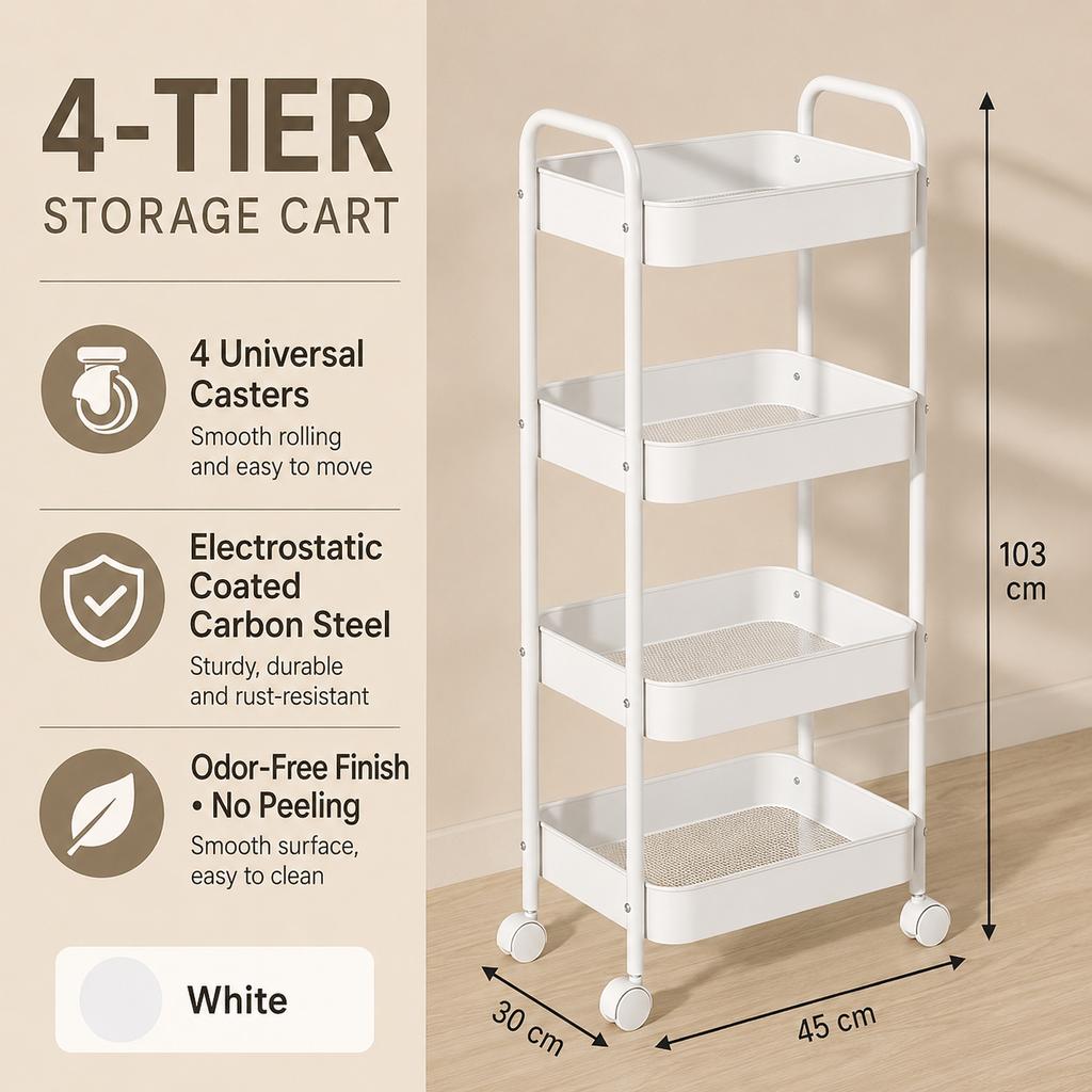 Rolling Storage Cart Multi-Tier Floor Carbon Steel Organizer Rack with Wheels for Kitchen Bathroom Dorm Room