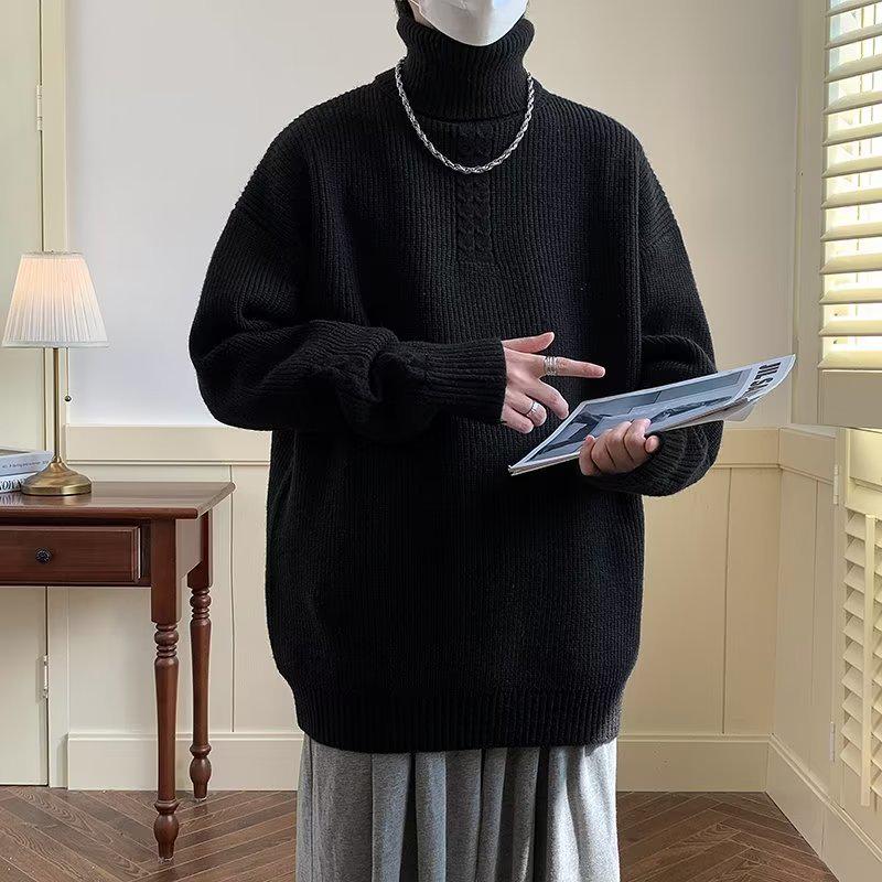 Pánský černý rolák - Ležérní, volný, všestranný, silný trendový pletený top s jelení kožešinou, hongkongského stylu, ideální pro podzim/zimu