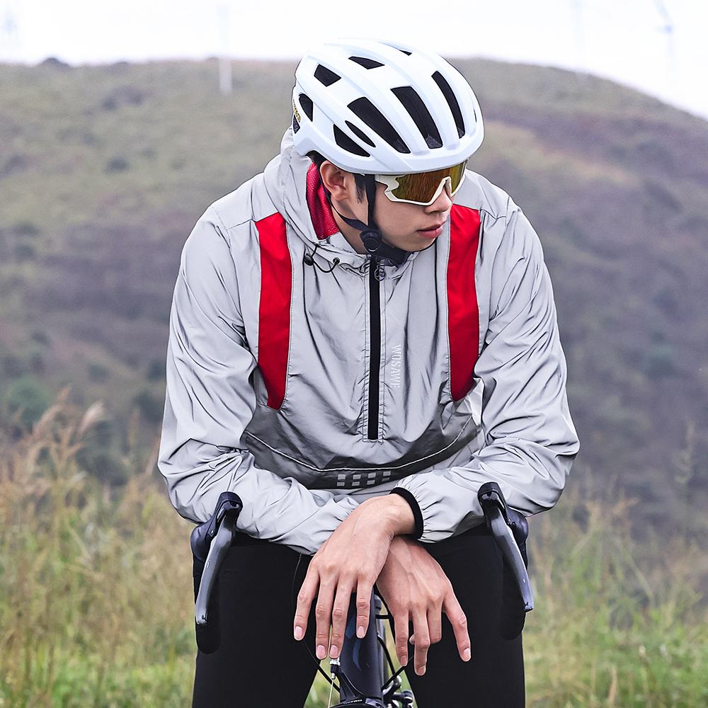 Wosawe Pánská stříbrná reflexní cyklistická bunda Vícebarevná větrovka s kapucí na kole Jízda na kole Outdoor sportovní kabát