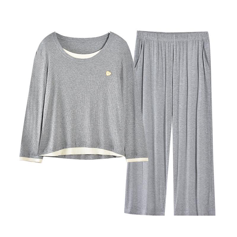 Women's Fall Pajama Set: Long Sleeve & Long Pants with Breast Pads, Modal Fabric, Wear Indoors or Outdoors